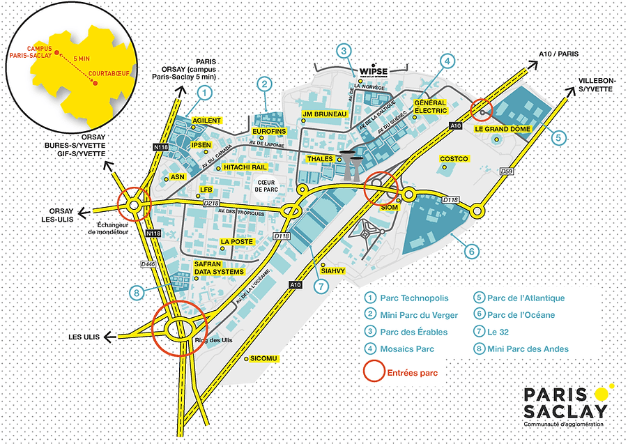 Cartographie des zones d'activités de Paris-Saclay — Courtabœuf au cœur d'un maillage zones d'emploi / campus de recherche.