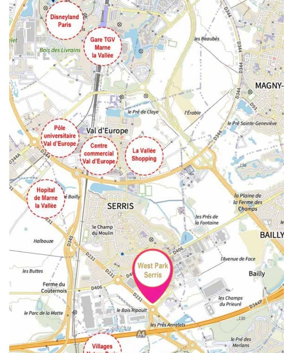 Carte du Val d'Europe — Disneyland Paris, gare TGV Marne-la-Vallée Chessy, pôle universitaire, centre commercial et La Vallée Shopping à moins de 10 minutes de West Park.