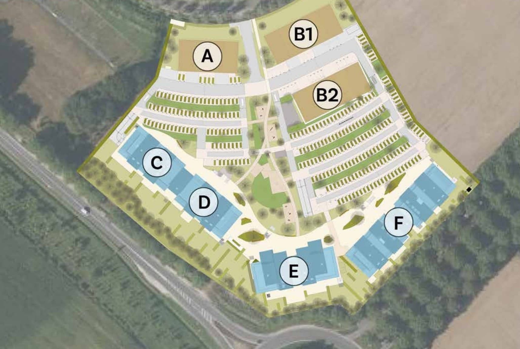 Plan masse de West Park — sept bâtiments (A, B1, B2, C, D, E, F) autour d'un mail central paysager. Les bâtiments en bleu sont à dominante bureaux / showrooms, ceux en beige à dominante activités.