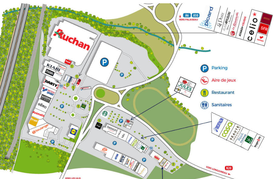 Plan du retail park Villebon 2 — hypermarché Auchan en locomotive, 45 enseignes complémentaires, 4 entrées et parking mutualisé 2 200 places.