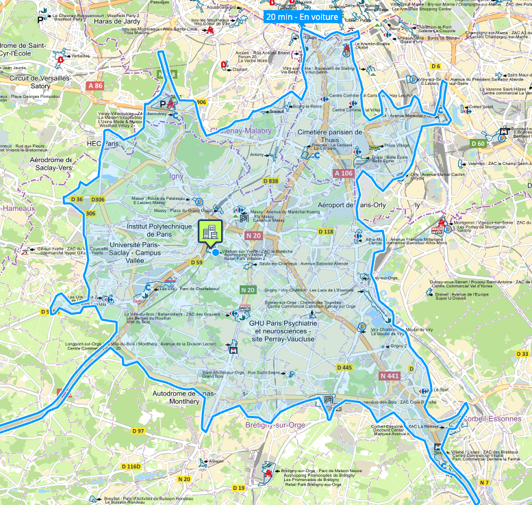 Plan de la zone de chalandise — couverture sud Essonne + frange sud-Yvelines, densité résidentielle forte.
